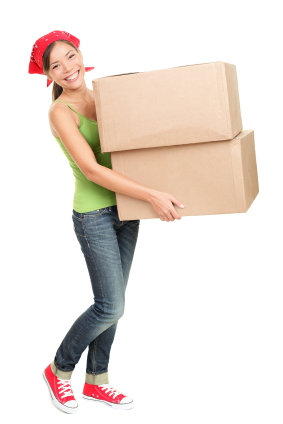 Woman carrying moving boxes